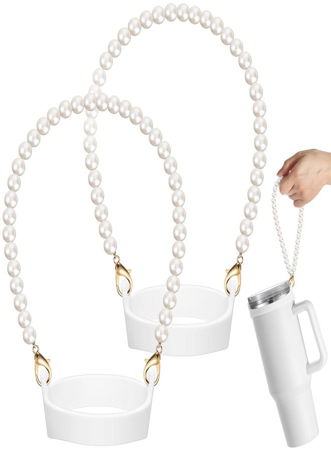 SiliFine 2 Pcs Silicone Water Bottle Handle Holder with Pearl Strap Compatible with Stanley Cup Accessories Sling Water Bottle Carrier Holde Fits Most 8-40 oz Tumbler Gift for Woman (White) - Image 1